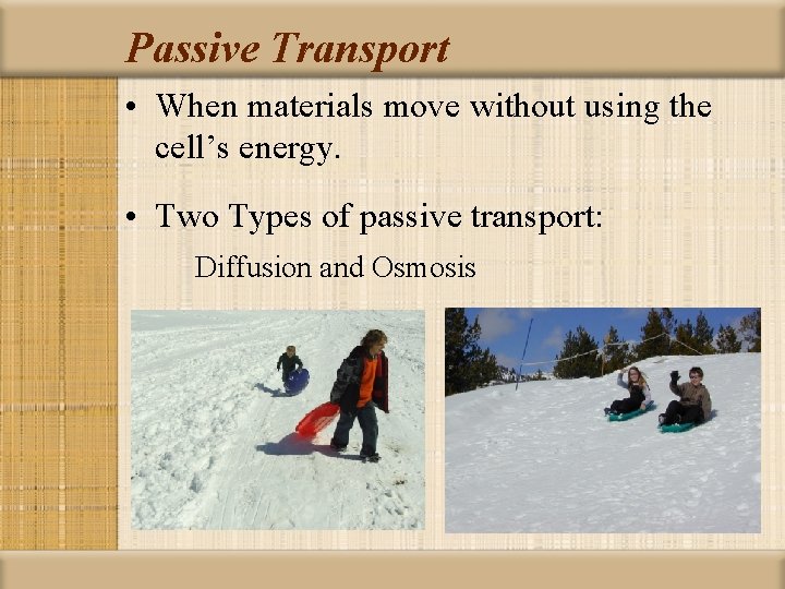 Passive Transport • When materials move without using the cell’s energy. • Two Types