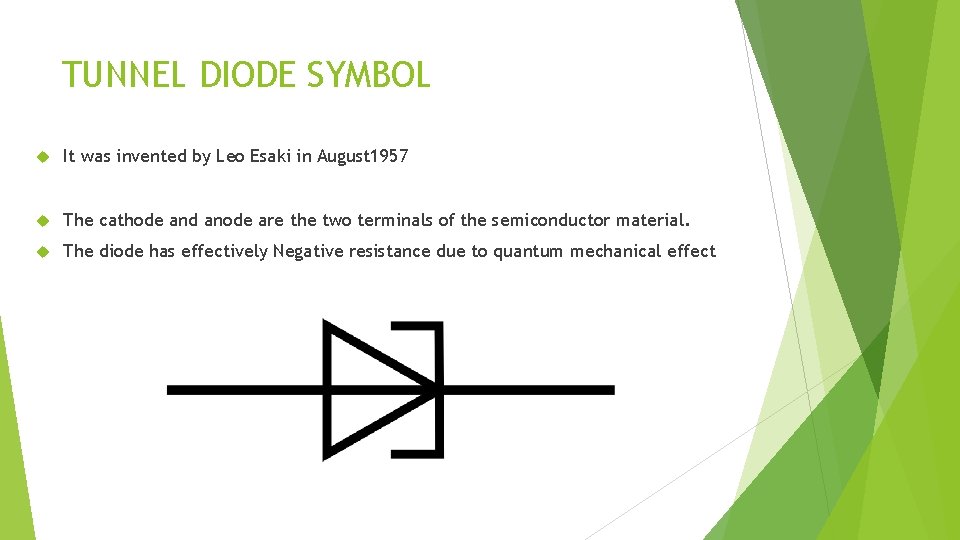 TUNNEL DIODE SYMBOL It was invented by Leo Esaki in August 1957 The cathode