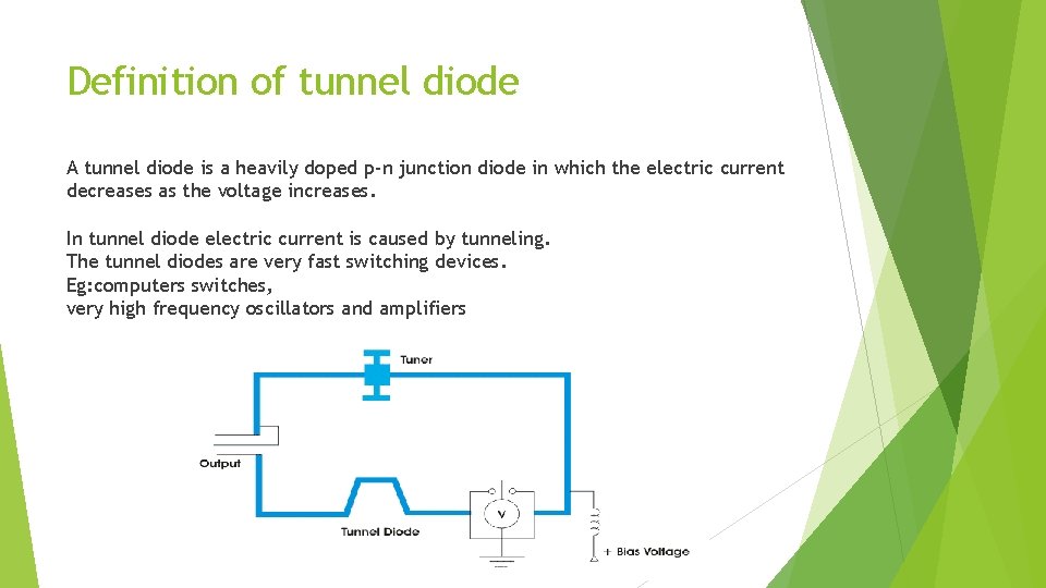 Definition of tunnel diode A tunnel diode is a heavily doped p-n junction diode