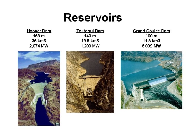 Reservoirs Hoover Dam 158 m 35 km 3 2, 074 MW Toktogul Dam 140
