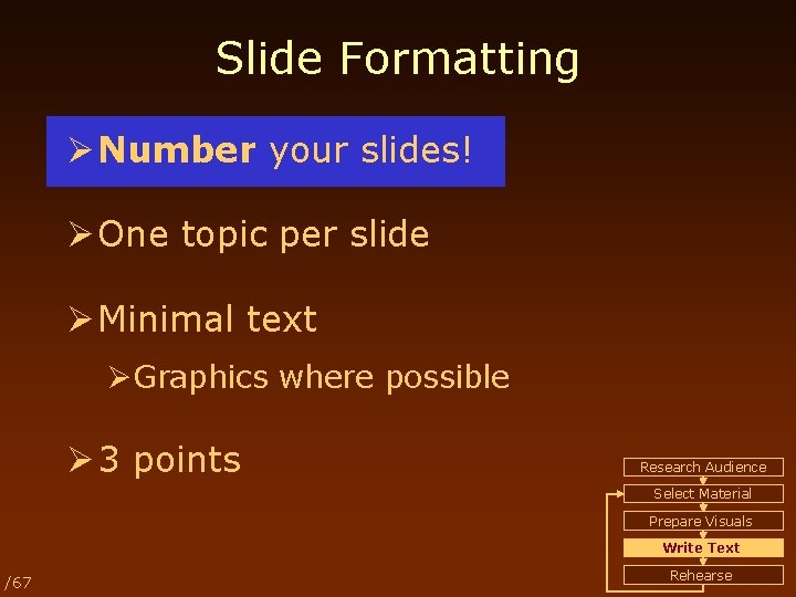 Slide Formatting Ø Number your slides! Ø One topic per slide Ø Minimal text