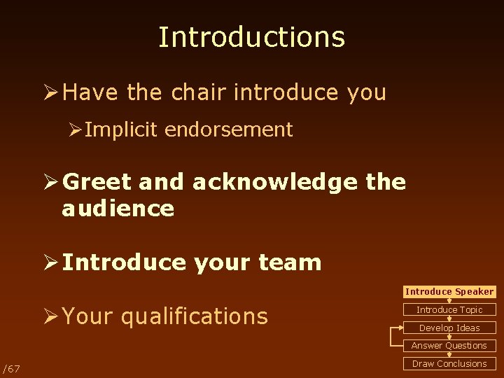 Introductions Ø Have the chair introduce you ØImplicit endorsement Ø Greet and acknowledge the