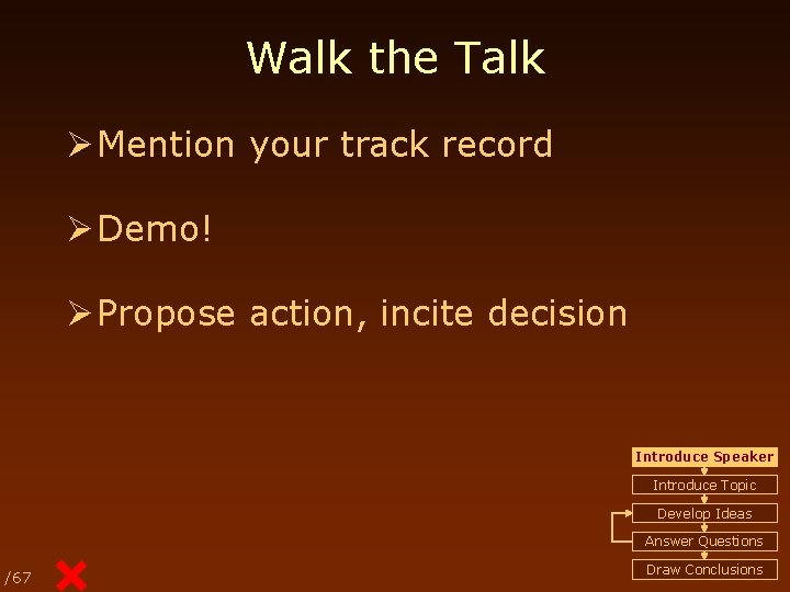 Walk the Talk Ø Mention your track record Ø Demo! Ø Propose action, incite