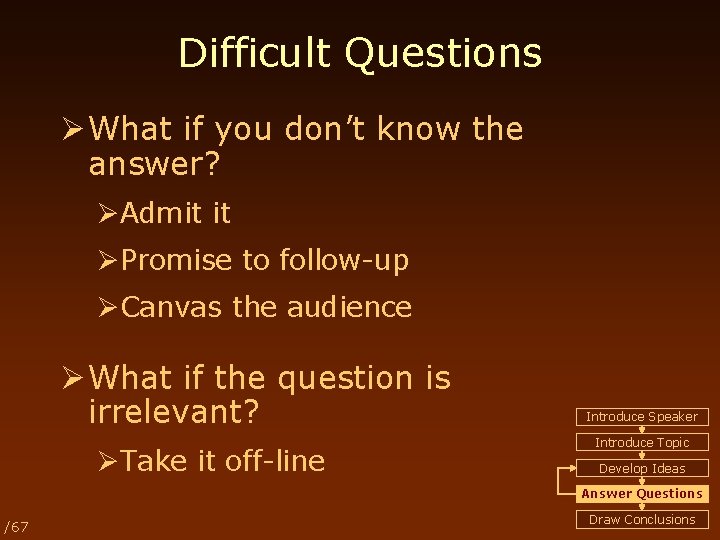 Difficult Questions Ø What if you don’t know the answer? ØAdmit it ØPromise to