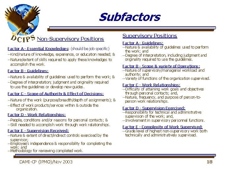 Subfactors Non-Supervisory Positions Factor A - Essential Knowledges: (should be job specific) --Kind/nature of