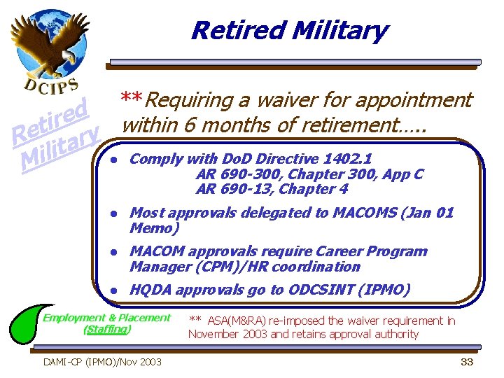 Retired Military **Requiring a waiver for appointment d e r i within 6 months