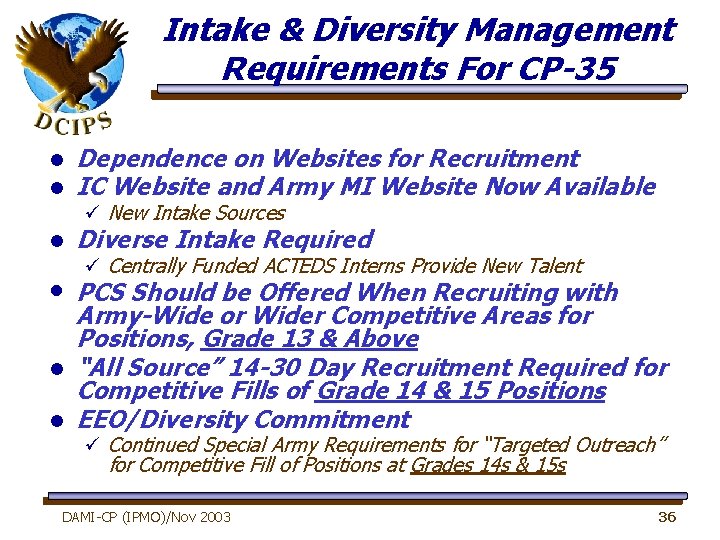 Intake & Diversity Management Requirements For CP-35 l l Dependence on Websites for Recruitment
