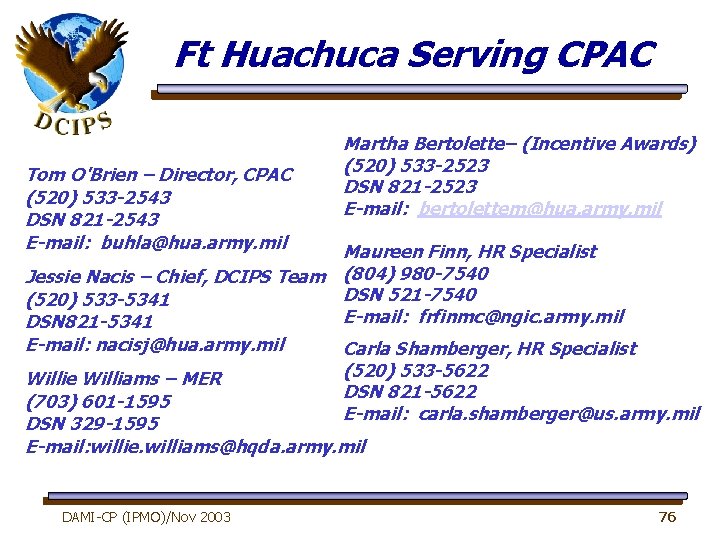 Ft Huachuca Serving CPAC Tom O'Brien – Director, CPAC (520) 533 -2543 DSN 821