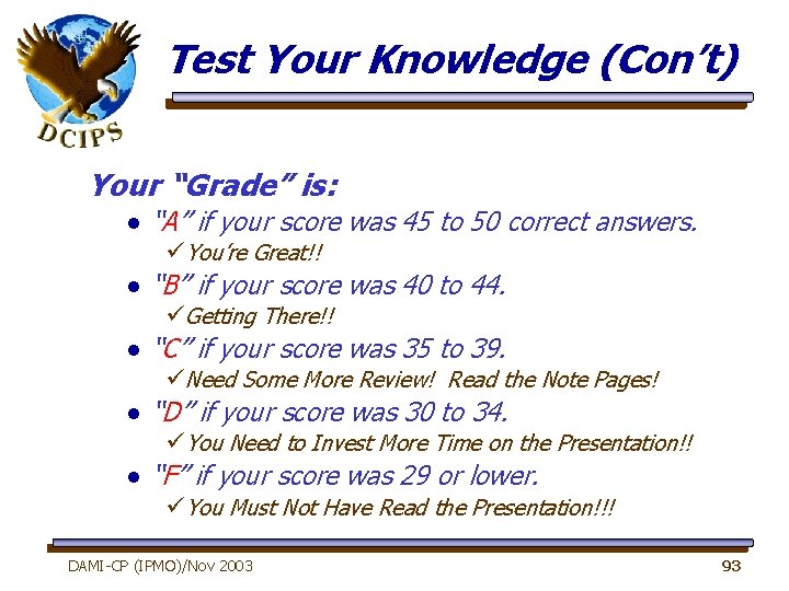 Test Your Knowledge (Con’t) Your “Grade” is: n “A” if your score was 45