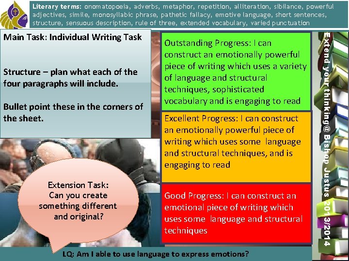 Literary terms: onomatopoeia, adverbs, metaphor, repetition, alliteration, sibilance, powerful adjectives, simile, monosyllabic phrase, pathetic