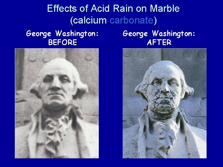 Effects of Acid Rain on Marble (calcium carbonate) George Washington: BEFORE George Washington: AFTER