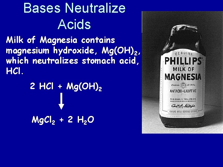 Bases Neutralize Acids Milk of Magnesia contains magnesium hydroxide, Mg(OH)2, which neutralizes stomach acid,