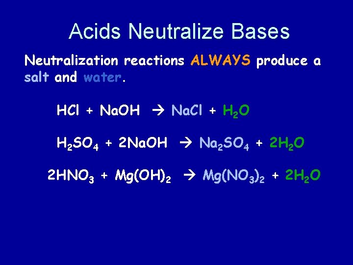 Acids Neutralize Bases Neutralization reactions ALWAYS produce a salt and water. HCl + Na.