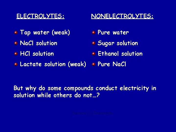 ELECTROLYTES: NONELECTROLYTES: Tap water (weak) Pure water Na. Cl solution Sugar solution HCl solution