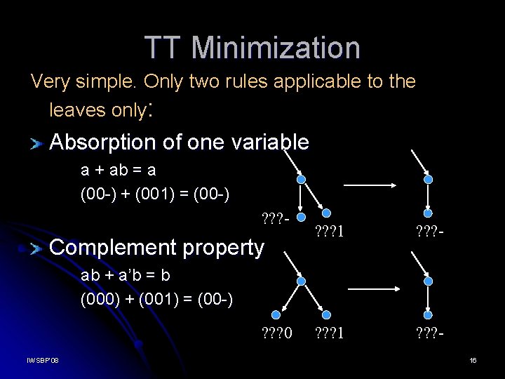 TT Minimization Very simple. Only two rules applicable to the leaves only: Absorption of