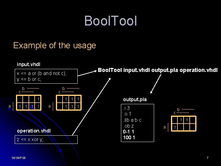 Bool. Tool Example of the usage input. vhdl x <= a or (b and