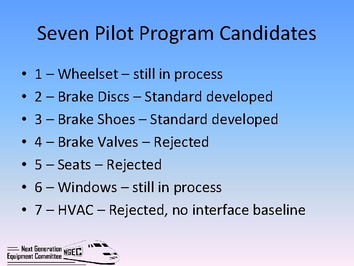 Seven Pilot Program Candidates • • 1 – Wheelset – still in process 2