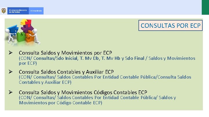 CONSULTAS POR ECP Ø Consulta Saldos y Movimientos por ECP (CON/ Consultas/Sdo Inicial, T.