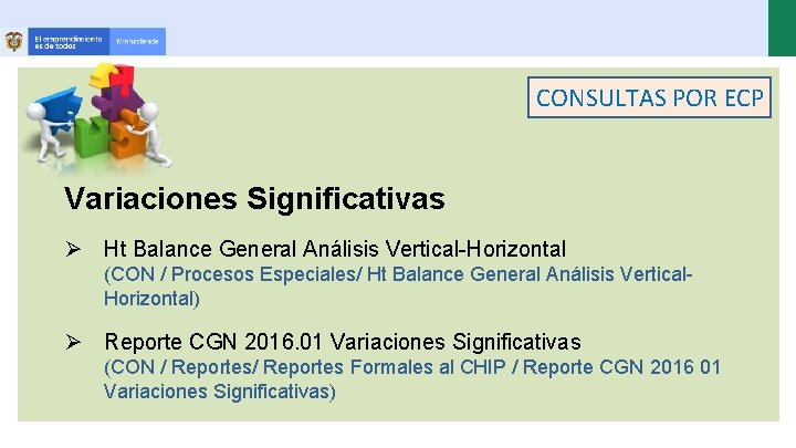 CONSULTAS POR ECP Variaciones Significativas Ø Ht Balance General Análisis Vertical-Horizontal (CON / Procesos