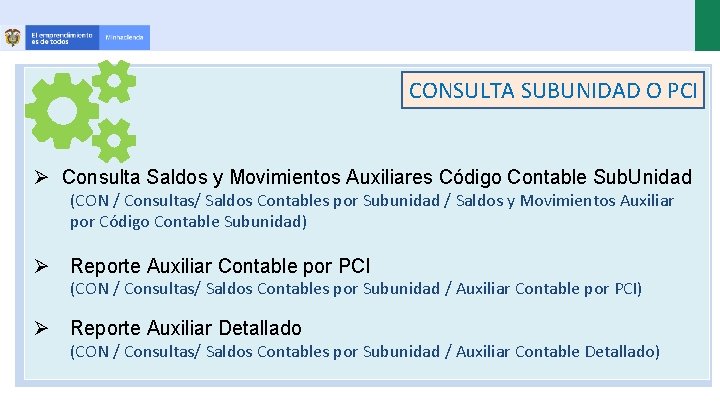CONSULTA SUBUNIDAD O PCI Ø Consulta Saldos y Movimientos Auxiliares Código Contable Sub. Unidad