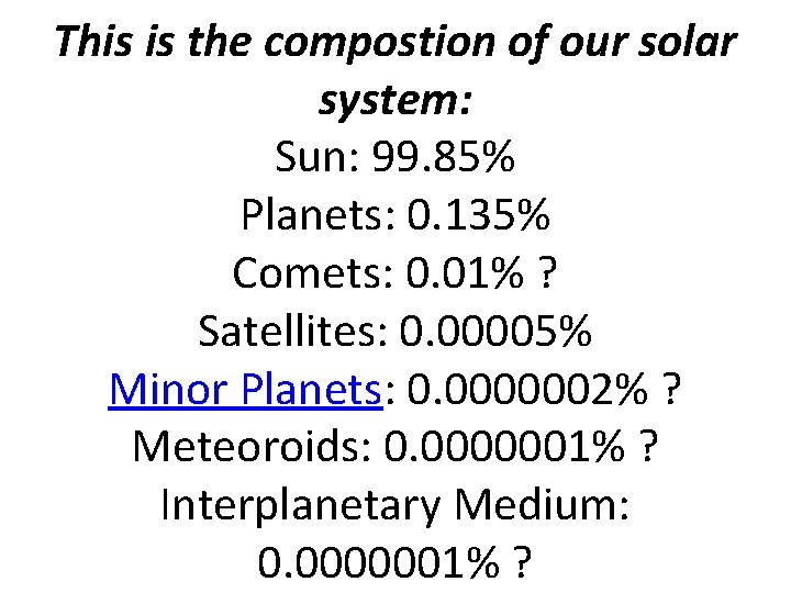 This is the compostion of our solar system: Sun: 99. 85% Planets: 0. 135%