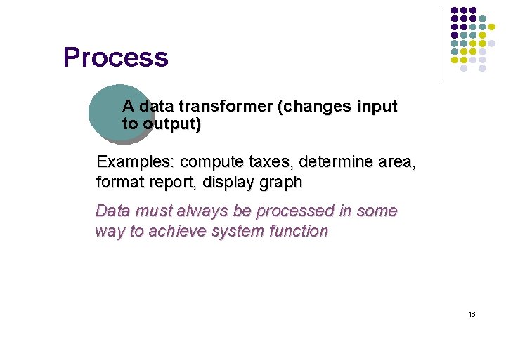 Process A data transformer (changes input to output) Examples: compute taxes, determine area, format