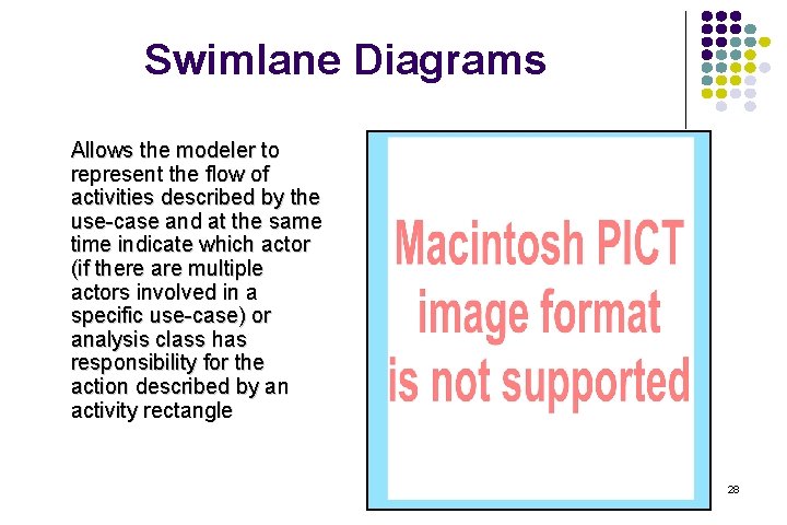 Swimlane Diagrams Allows the modeler to represent the flow of activities described by the