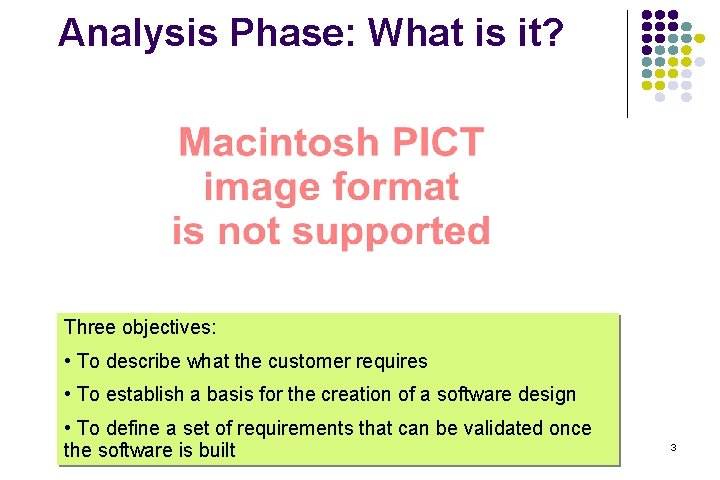 Analysis Phase: What is it? Three objectives: • To describe what the customer requires