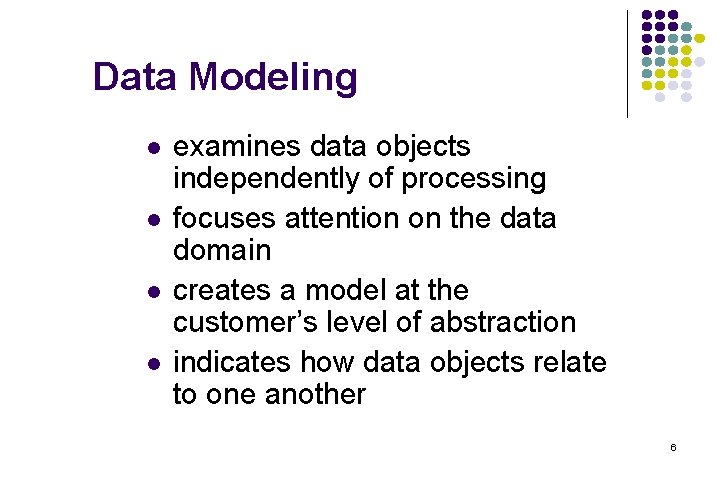 Data Modeling l l examines data objects independently of processing focuses attention on the