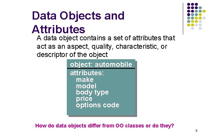 Data Objects and Attributes A data object contains a set of attributes that act