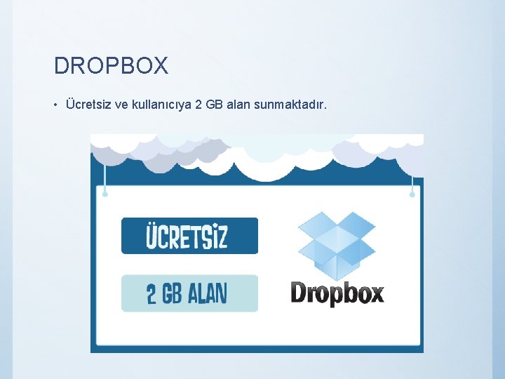 DROPBOX • Ücretsiz ve kullanıcıya 2 GB alan sunmaktadır. 
