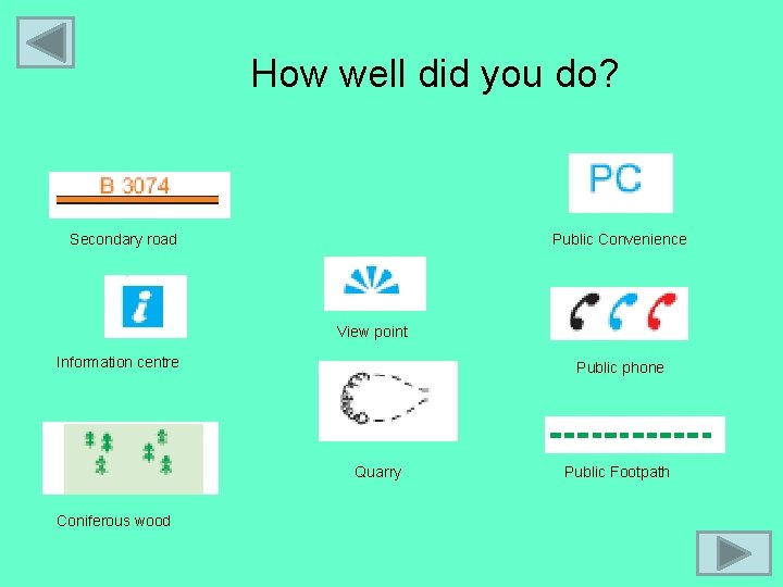 How well did you do? Secondary road Public Convenience View point Information centre Public