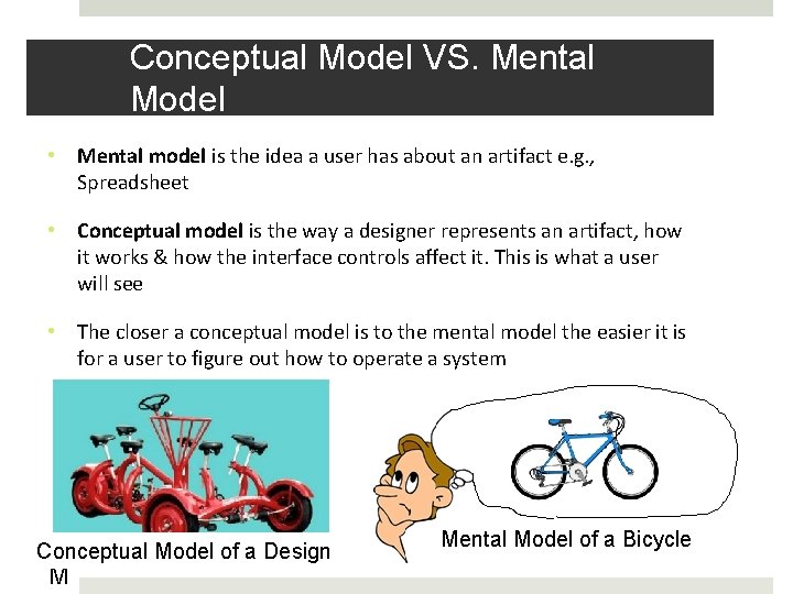 Conceptual Model VS. Mental Model • Mental model is the idea a user has