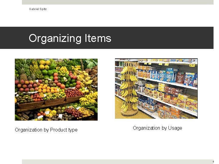 Gabriel Spitz Organizing Items Organization by Product type Organization by Usage 4 