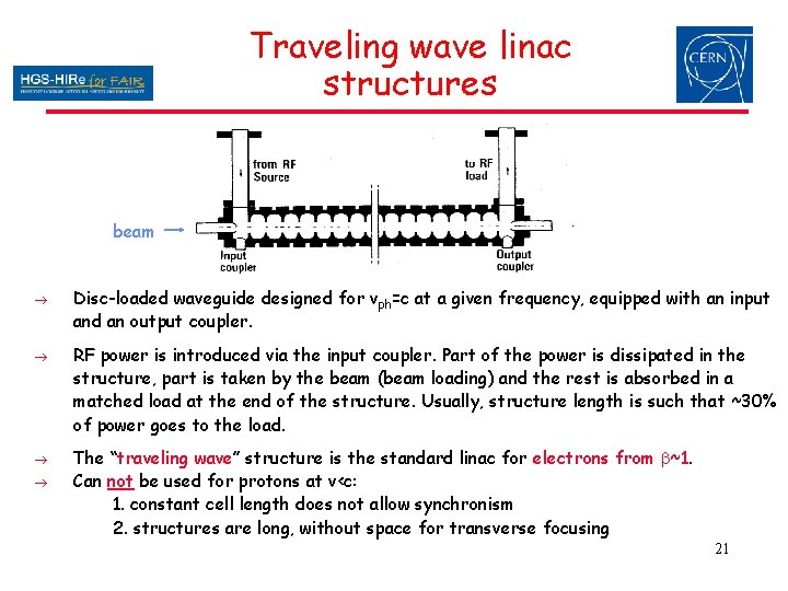 Traveling wave linac structures beam Disc-loaded waveguide designed for vph=c at a given frequency, Traveling wave linac structures beam Disc-loaded waveguide designed for vph=c at a given frequency,
