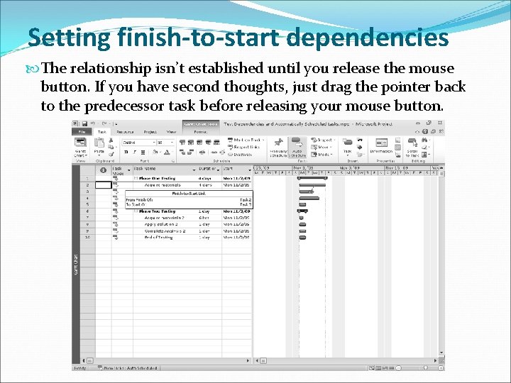 Setting finish-to-start dependencies The relationship isn’t established until you release the mouse button. If