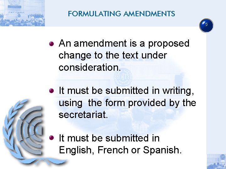 FORMULATING AMENDMENTS 5 An amendment is a proposed change to the text under consideration.