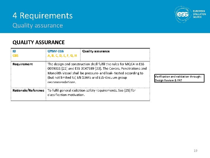 4 Requirements Quality assurance QUALITY ASSURANCE Verification and validation through: Design Review & FAT