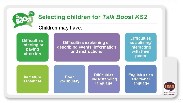 Selecting children for Talk Boost KS 2 Children may have: Difficulties listening or paying
