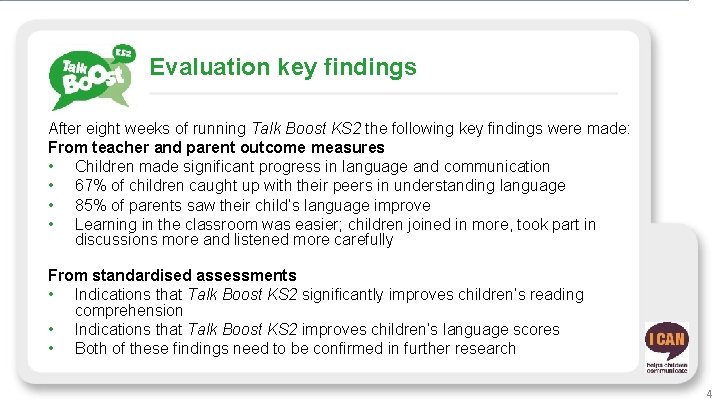 Evaluation key findings After eight weeks of running Talk Boost KS 2 the following