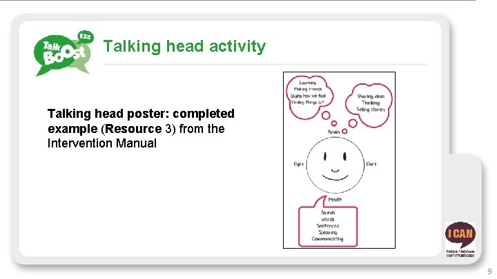 Talking head activity Talking head poster: completed example (Resource 3) from the Intervention Manual