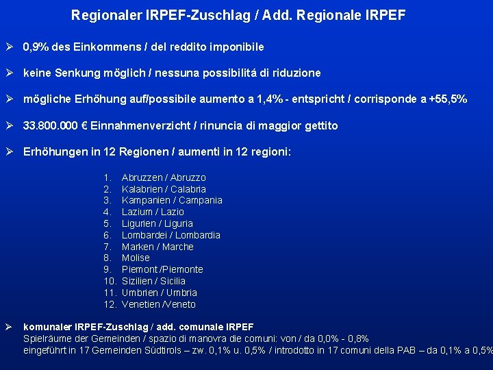 Regionaler IRPEF-Zuschlag / Add. Regionale IRPEF Ø 0, 9% des Einkommens / del reddito