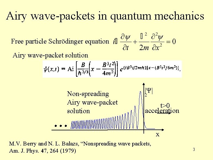 Airy wave-packets in quantum mechanics Free particle Schrödinger equation Airy wave-packet solution Non-spreading Airy