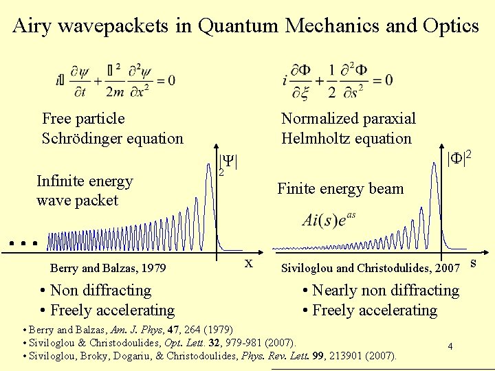 Airy wavepackets in Quantum Mechanics and Optics Normalized paraxial Helmholtz equation Free particle Schrödinger