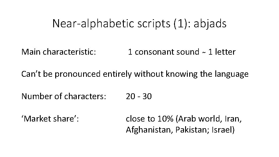 Near-alphabetic scripts (1): abjads Main characteristic: 1 consonant sound 1 letter Can’t be pronounced