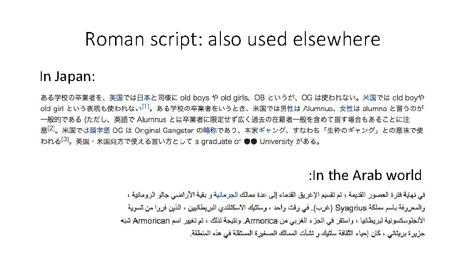 Roman script: also used elsewhere In Japan: : In the Arab world 