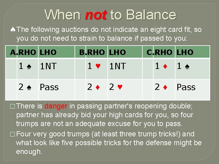 When not to Balance The following auctions do not indicate an eight card fit,