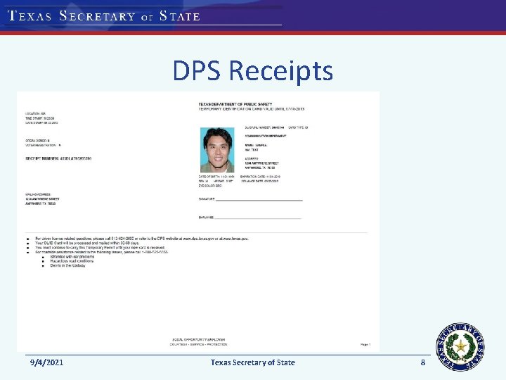 DPS Receipts 9/4/2021 Texas Secretary of State 8 DPS Receipts 9/4/2021 Texas Secretary of State 8