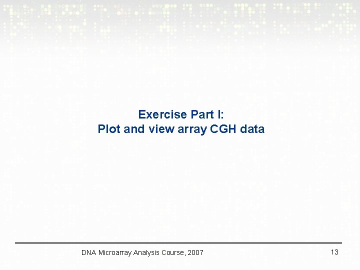 Exercise Part I: Plot and view array CGH data DNA Microarray Analysis Course, 2007