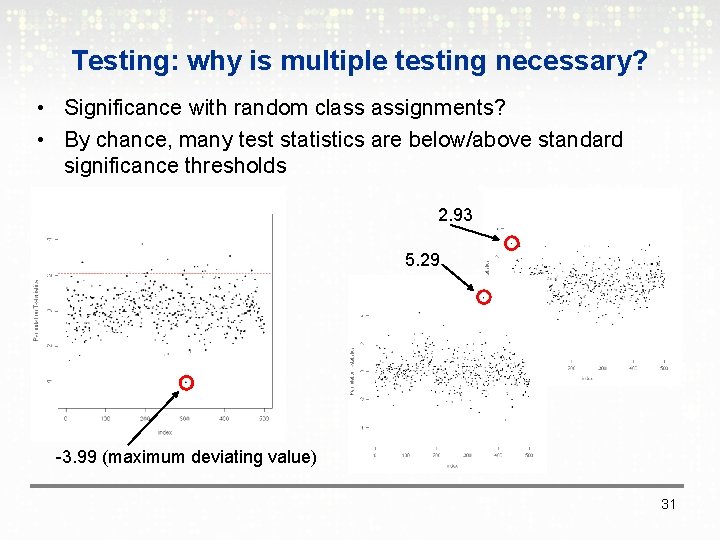 Testing: why is multiple testing necessary? • Significance with random class assignments? • By